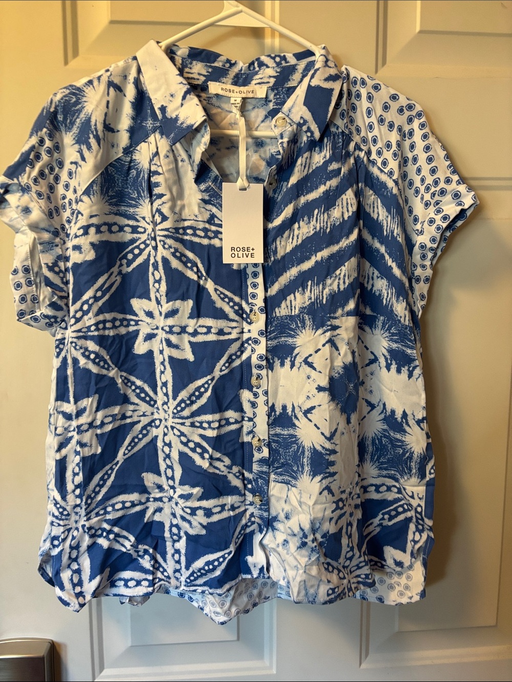 Rose & Olive Blue and White Patchwork Print Button-Front Shirt
